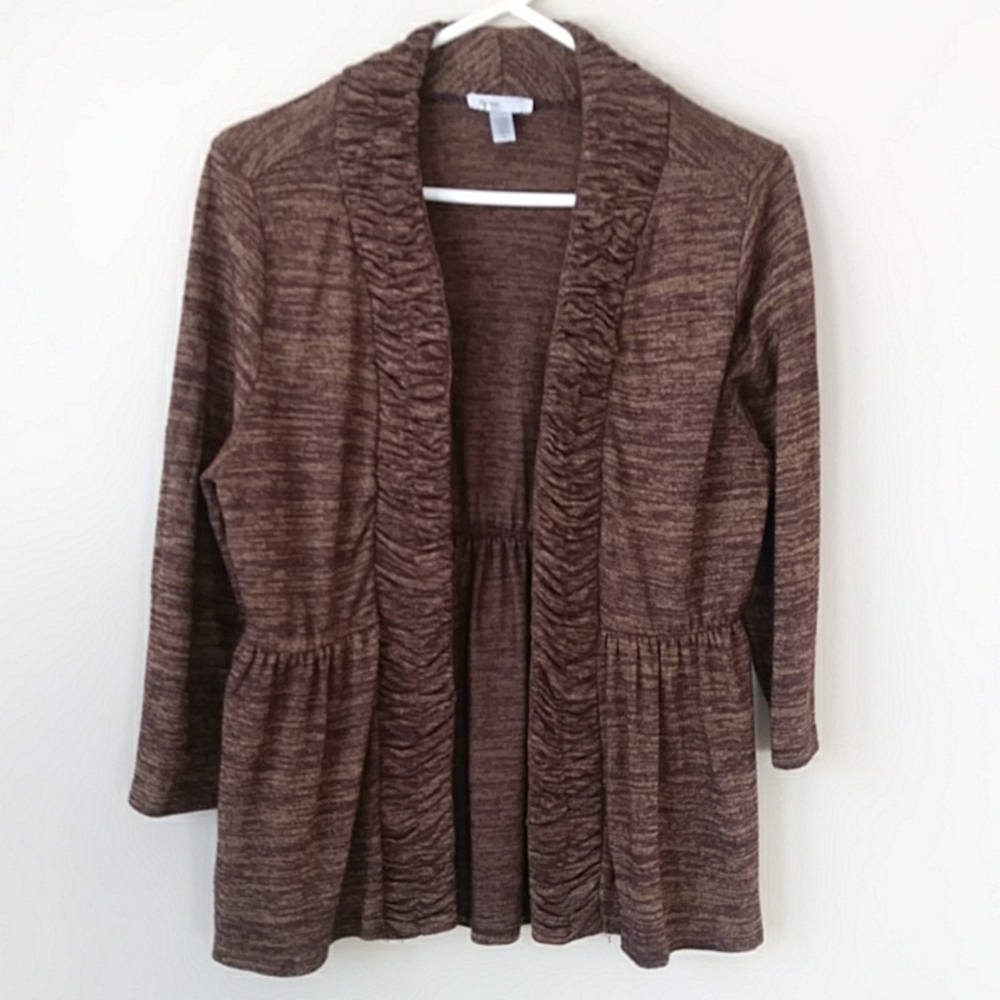 Forever Fashion Heathered Pleated Open Cardigan Sweater XL Tan Brown